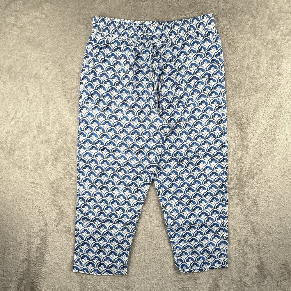 Sigrid Olsen 100% Linen Geometric Pants Womens XL‎ Blue Nautical Pull On NWOT